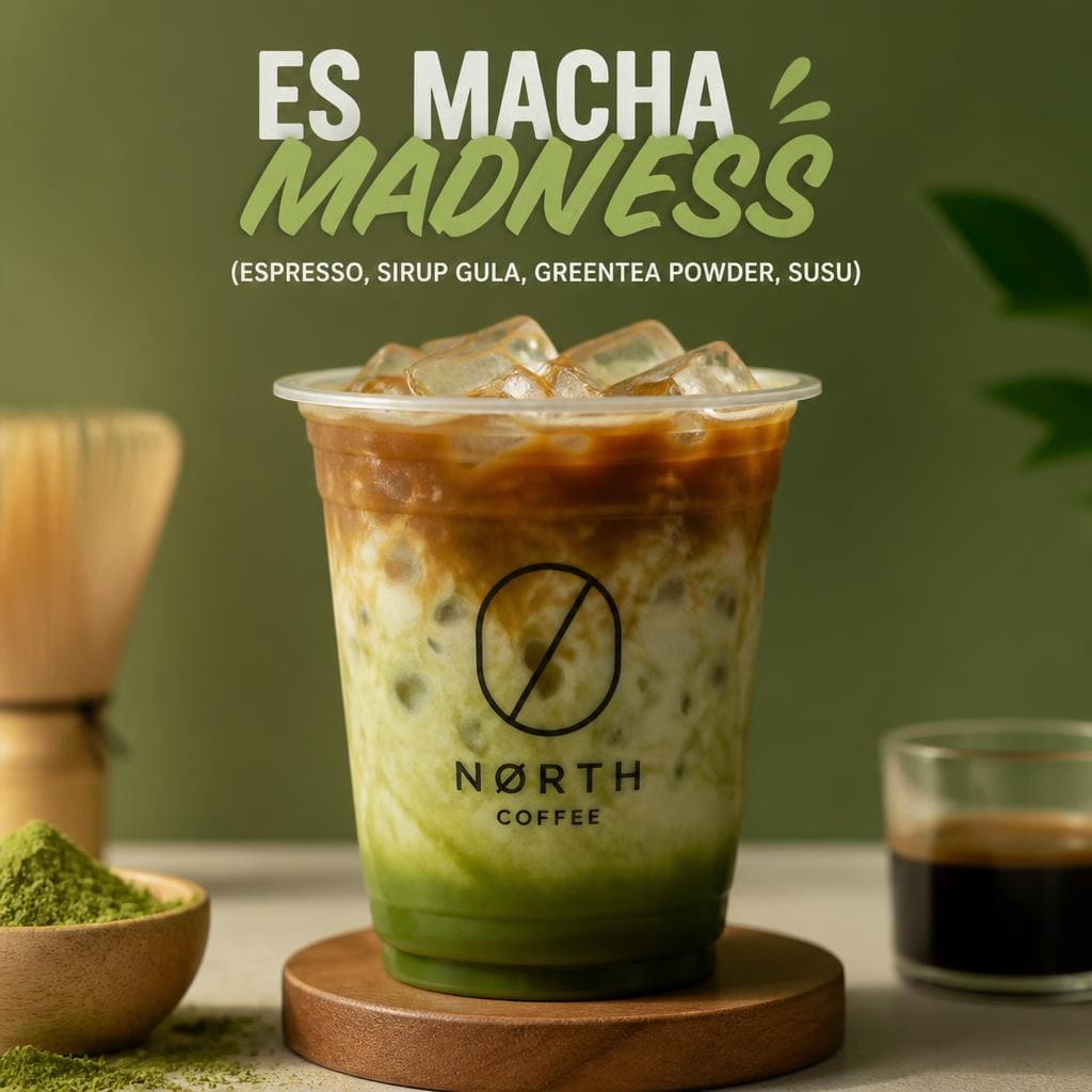 Es Macha Madness Kopi Ruang Hati dengan espresso sirup gula greentea powder dan susu